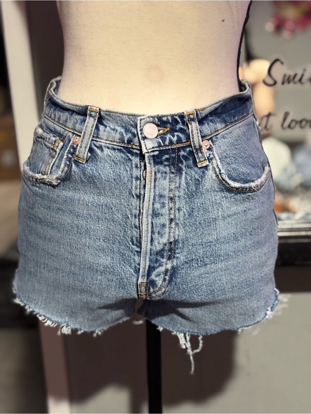We The Free Light Blue High-Rise Button Fly Cotton Denim Cutoff Shorts 26”